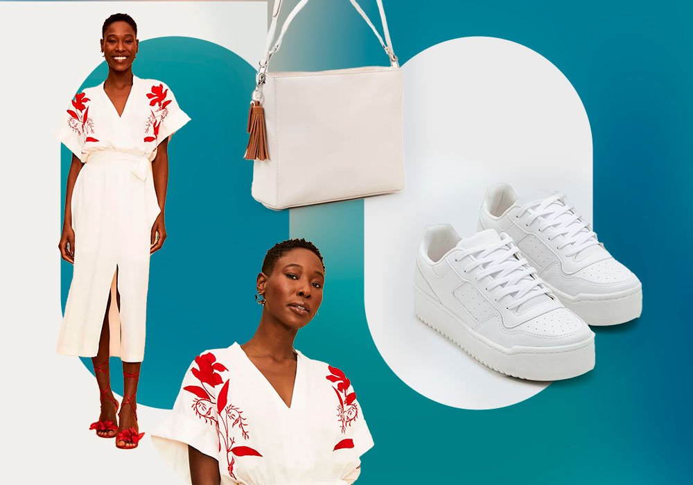Imagem com fundo azul branco com uma mulher usando vestido longo em linho branco com bordado floral vermelho e uma sandalia de salto vermelha e ao lado uma bolsa branca, um tenis branco e om uma mulher usando uma blusa de manga curta branca e estampa vermelha