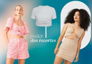 Imagem com fundo azul, com uma mulher na esquerda vestindo um short curto e uma uma blusa cropped de manga curta rosa estampado e outra mulher na direita usando um vestido curto com recortes bege e no cento usando blusa cropped com recortes branca