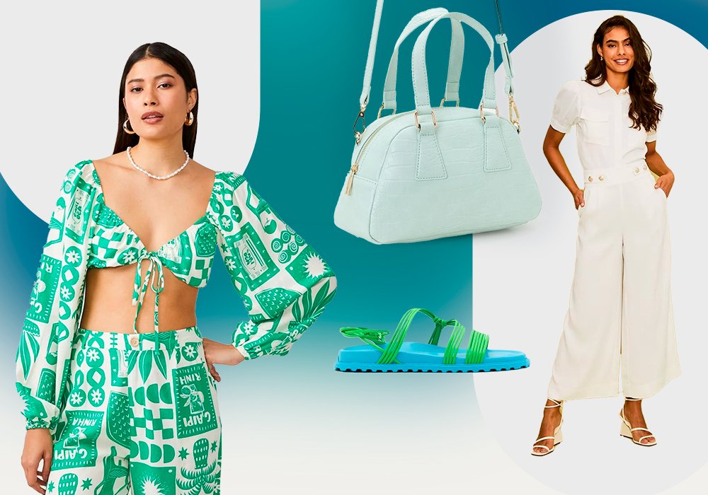 Imagem com fundo azul e branco e na esquerda uma mulher usando uma blusa cropped de manca comprida branca e estampa verde e ao lado uma bolsa azul claro, uma sandalia rasteira verde e azul e uma mulher usando um macacão branco e uma sandalia branca.