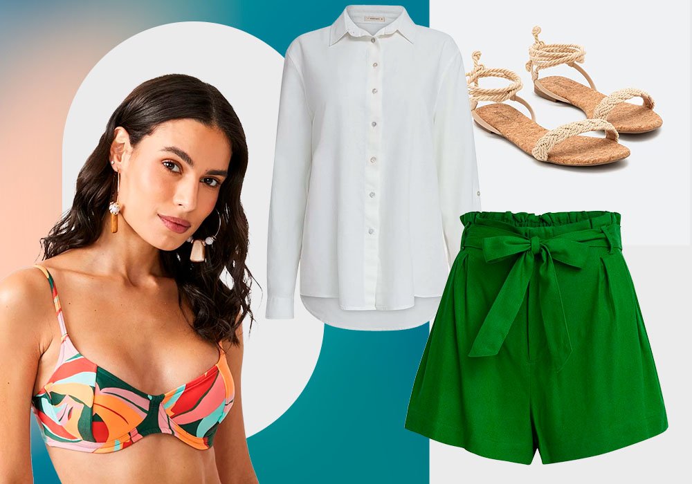 Imagem com fundo azul e branco, com uma mulher usando um top biquini estampado e ao lado uma camisa branca, um short cintura alta curto verde e uma sandalia rasteira bege