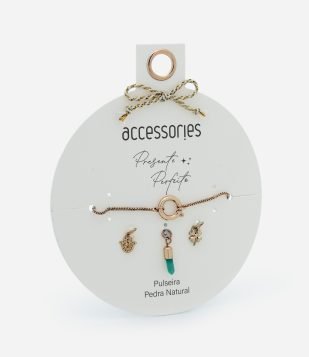 Pulseira Ajustável com Pingentes e Pedra Natural Dourado