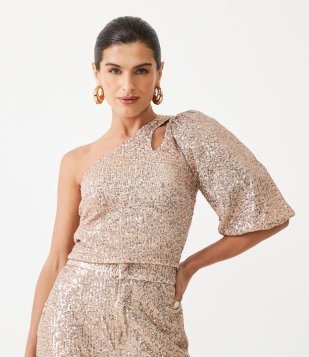 Blusa Cropped em Malha de Paetê com Ombro Só Dourado