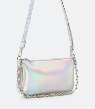 Bolsa Baguete Holográfica com Alça de Corrente Prata
