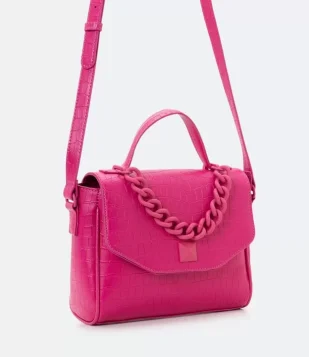 BOLSA SATCHEL COM TEXTURA CROCO E ALÇA DE MÃO ROSA