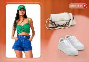 Imagem com uma mulher usando um boné verde, uma blusa cropped de alça verde e um shorts jeans azul e ao lado uma bolsa branca e um tenis branco