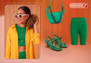 Imagem com uma mulher usando uma camisa de manga comprida amarela e uma um conjuto verde e ao lado tem uma bolsa verde, uma saldalia verde e uma bermuda verde