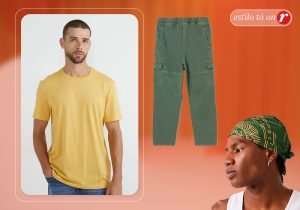 Imagem com um homem usando uma camiseta de manga curta amarela e ao lado uma calça verde
