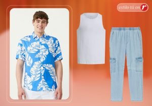 Homem usando uma camisa estampada azul e ao lado uma blusa regata branca e uma calça jeans clara