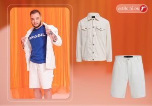 Imagem com um homem usando uma camiseta azul com estampa escrito brasil, uma camisa branca de botão aberto e uma bermuda jeans branco e ao lado uma camisa branca de botão fechada e uma bermuda branca