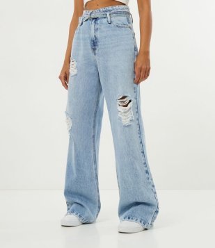 Calça Wide Leg Jeans com Cinto e Pespontos Azul