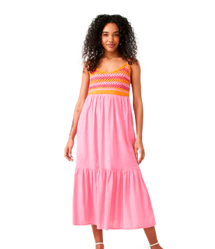 VESTIDO MIDI EM ALGODÃO COM ALÇAS FINAS E BUSTO EM CROCHÊ CONTRASTANTE ROSA