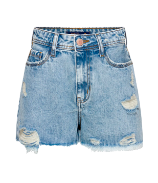 SHORT CINTURA ALTA JEANS MARMORIZADO COM PUÍDOS E BARRA DESFIADA AZUL