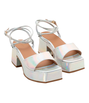 Sandália Holográfica com Salto Plataforma Cinza