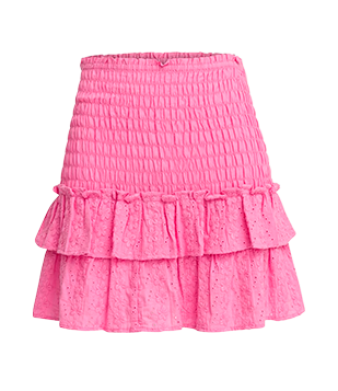 SAIA CURTA EM LAISE COM LASTEX E BABADOS COM FLOREZINHAS BORDADAS ROSA