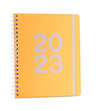 PLANNER EM PAPEL COM ESTAMPA 2023 E ELÁSTICO AMARELO