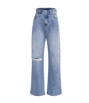 CALÇA ANOS 90 JEANS COM CINTURA ALTA E PUÍDOS AZUL