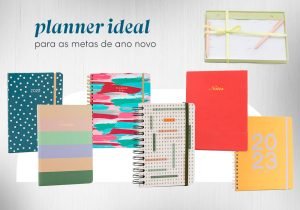Imagem com fundo claro com planners com capa de estampas e lisas coloridas