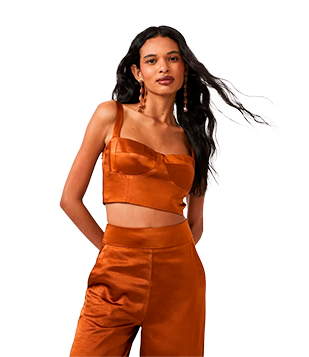 BLUSA CROPPED EM CETIM COM ALÇAS SOBREPOSTAS LARANJA