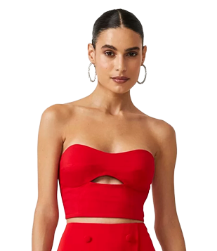 BLUSA CROPPED TOMARA QUE CAIA EM BENGALINE COM VAZADO VERMELHO