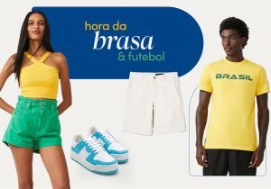 imagem com fundo branco com uma mulher usando um shorts verde e uma blusa amarela e ao lado e um tenis branco com detalhe azul claro e um homem usando uma camiseta amarela com manga curta escrito branco e ao lado um shorts branco
