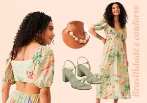 Imagem com fundo rosa salmão co uma mulher usando um Vestido New Midi em Laise com Manga Bufante e Estampa Tropical Verde, ela esta usando um Maxi Colar em Madeira com Bolinhas de Ráfia e Croche Bege e ao lado tem uma Sandália de Tiras com Salto Bloco e Amarração Verde