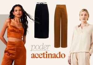 Imagem com fundo branco, com uma mulher de cabelo comprido preto usando um conjuto marrom ferrugem e ao lado umsa midi preta e uma calça reta marrom e um conjuto branco