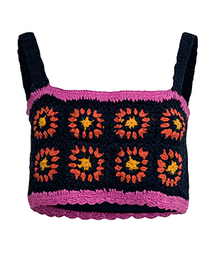 BLUSA REGATA CROPPED EM CROCHÊ COM BORDADOS AZUL