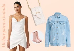 Imagem com fundo bege com uma mulher ao lado esquerdo com cabelo preso em um coque usando um vestido de alça com recortes branco, no centro tem uma bota bege, uma bolsa pequena branca, e do lado direto uma camisa jeans