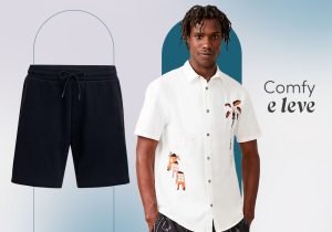 Imagem com fundo claro com um home usando uma camisa branca com botão com bordado e ao lado uma bermuda preta de algodão