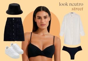 imagem co fundo amarelo com uma mulher de cabelo liso castanho usando um top de biquini preto ao lado tem uma camisa de manga longa branca, uma calcinha de biquini, uma saia jeans preta, um chapéu preto e um tenis branco