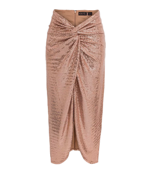 SAIA MIDI EM JERSEY COM TORCIDO NA CINTURA E PAETÊ DOURADO