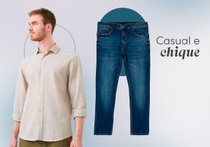Imagem com fundo claro com uma camisa de linho de manga longa bege e ao lado uma calça jeans