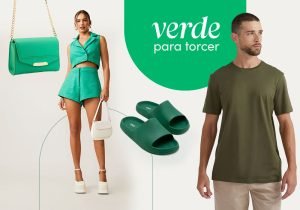 Imagem com fundo claro uma mulher usando uma blusa cropped curta verde e um short curto verde e ao lado uma bolsa verde, um chinelo verde e um home usando uma blusa verde militar