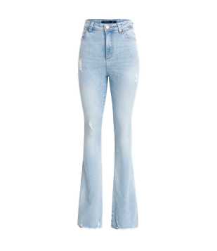 CALÇA FLARE CINTURA ALTA EM JEANS COM PUÍDOS AZUL