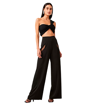 CALÇA PANTALONA EM CREPE COM RECORTES EM TULE TRANSPARENTE PRETO