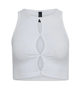 BLUSA REGATA CROPPED EM RIBANA COM VAZADOS NO BUSTO BRANCO