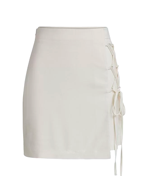 SAIA CURTA COM CINTURA ALTA E AMARRAÇÃO LATERAL BEGE