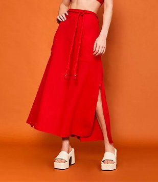 SAIA MIDI EM LINHO COM CINTO CORDÃO E FRANZIDOS VERMELHO