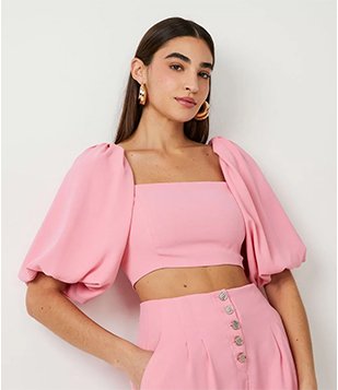 BLUSA CROPPED EM CREPE COM MANGA BUFANTE ROSA