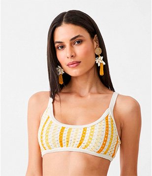 BIQUÍNI TOP CAMISETINHA EM CROCHÊ COM ESTAMPA LISTRAS LARANJA/ AMARELO/ BEGE