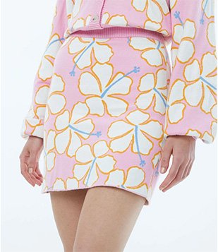 SAIA CURTA EM TRICÔ JACQUARD COM ESTAMPA FLORES ROSA
