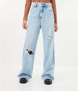 CALÇA ANOS 90 JEANS COM PUÍDOS E RASGOS AZUL
