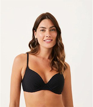 BIQUÍNI TOP MEIA TAÇA EM POLIAMIDA TEXTURIZADA COM DETALHE FRANZIDO PRETO