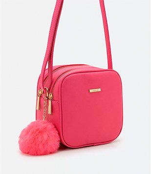 BOLSA TRANSVERSAL FLOATER COM POMPOM ROSA