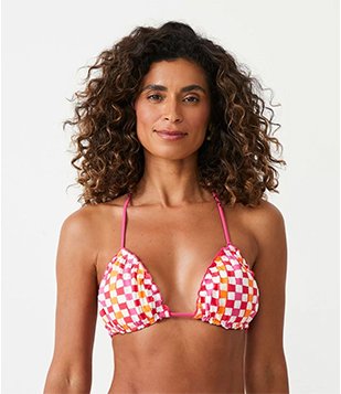 BIQUÍNI TOP CORTININHA DUPLA FACE COM ESTAMPA XADREZ ROSA