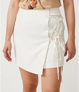 SAIA CURTA COM CINTURA ALTA E AMARRAÇÃO LATERAL BEGE
