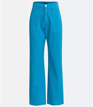 CALÇA RETA CINTURA ALTA EM SARJA COM BOLSOS AZUL