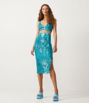 Saia Midi em Paetê com Fenda Azul