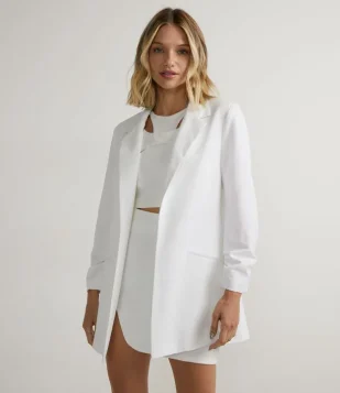 Blazer Alongado Alfaiataria Em Crepe Com Franzido Na Manga Branco