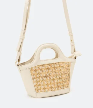 Bolsa Transversal Estruturada Com Painel De Ráfia Na Frente Off White